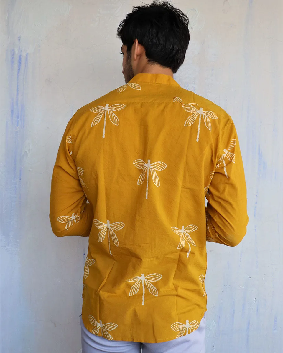 Mustard Dragonfly Block-Printed Men'S Shirt