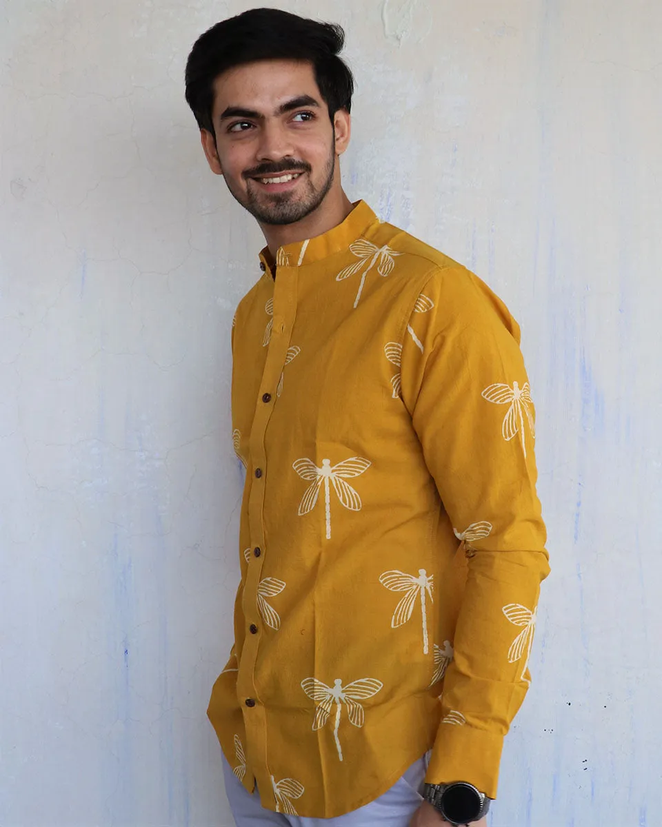 Mustard Dragonfly Block-Printed Men'S Shirt