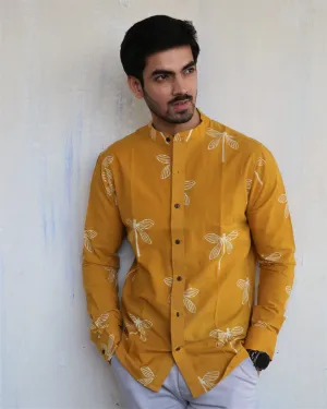 Mustard Dragonfly Block-Printed Men'S Shirt