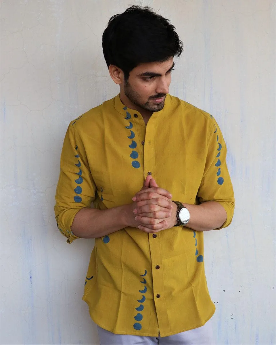 Mustard Eclipes Block-Printed Men'S Shirt