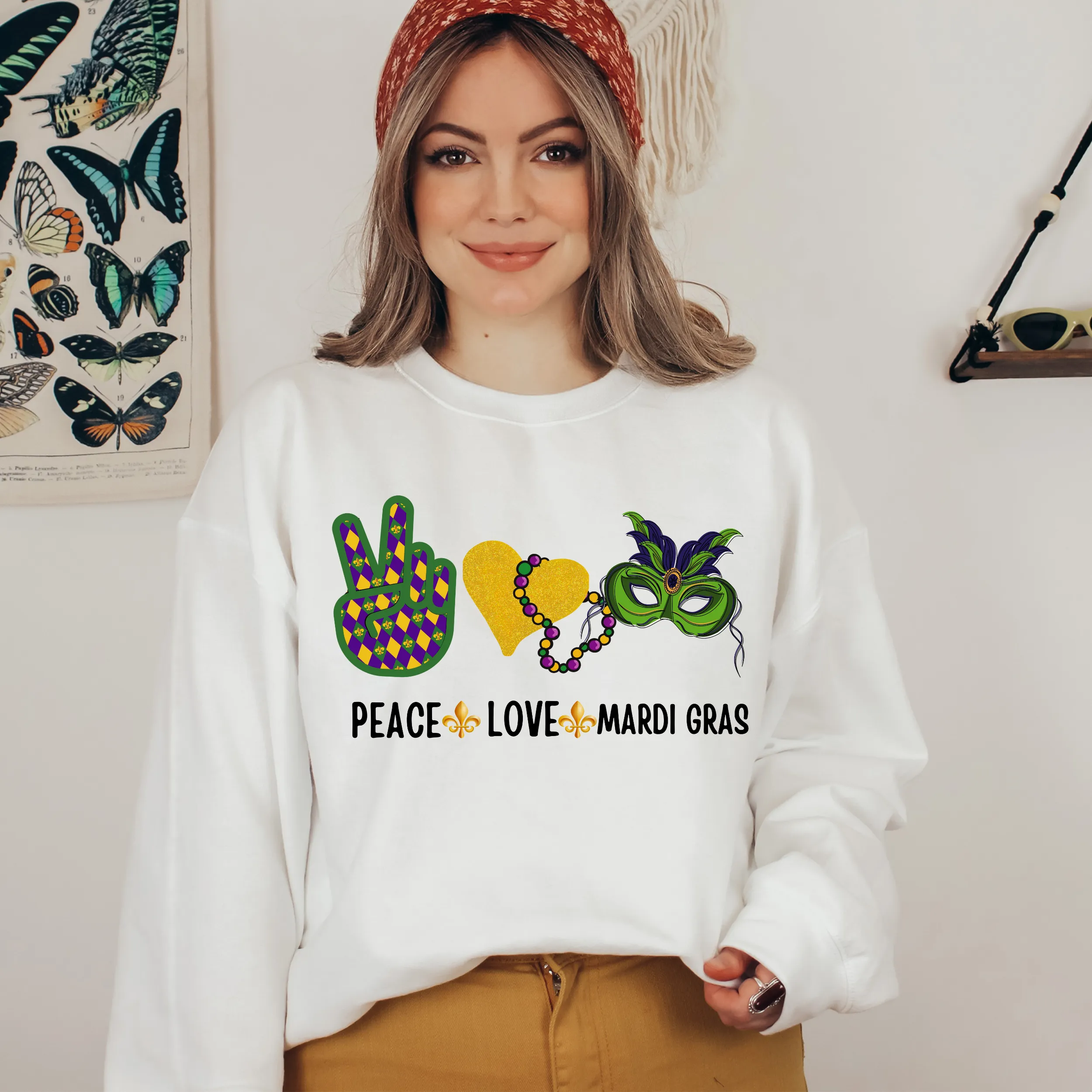 Peace Love Mardi Gras Sweatshirt Women's Mardi Gras Sweatshirt Unisex Cozy White Sweatshirt Gift for Her Peace Sign Heart Mask