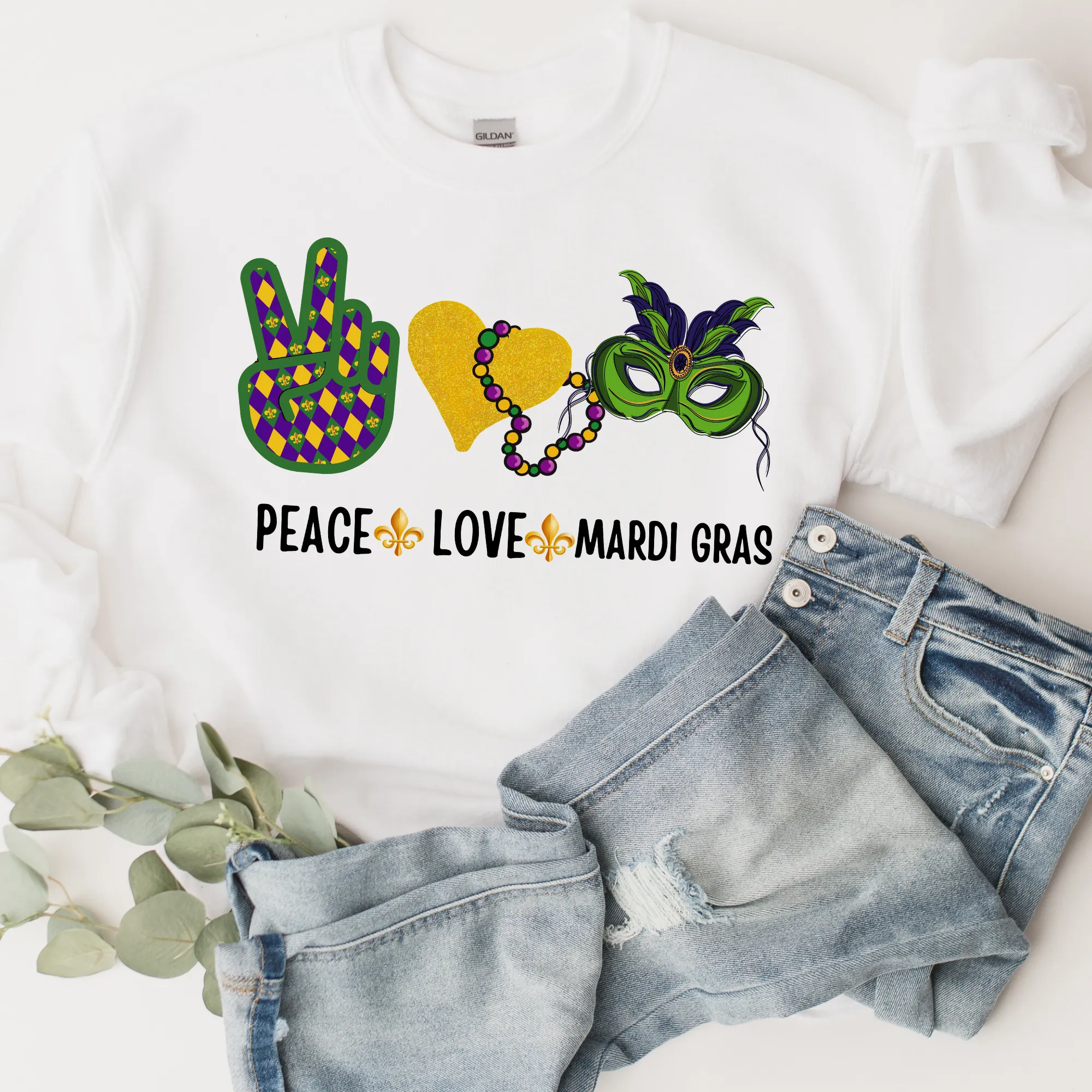 Peace Love Mardi Gras Sweatshirt Women's Mardi Gras Sweatshirt Unisex Cozy White Sweatshirt Gift for Her Peace Sign Heart Mask