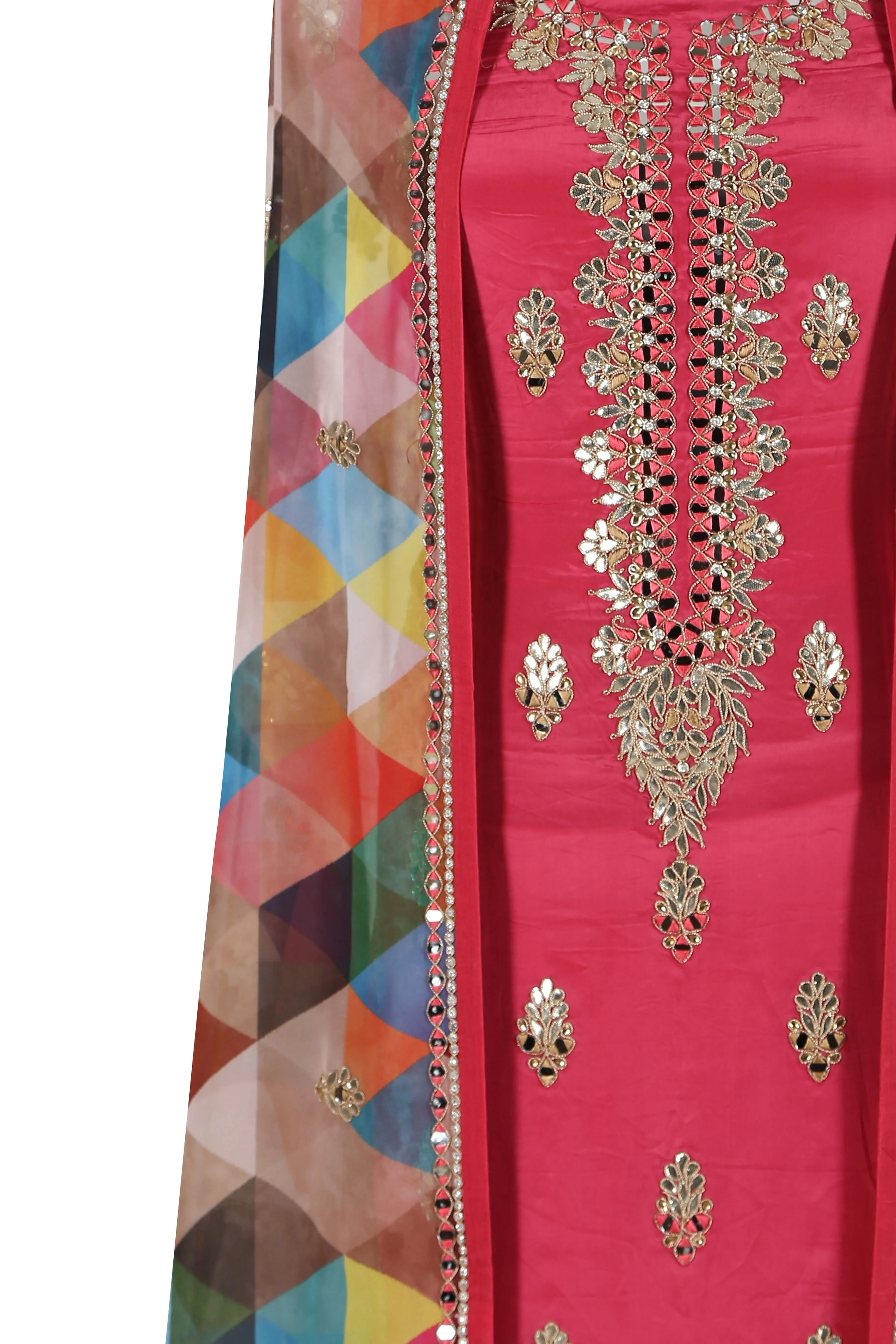 Pink Unstitched Set with Multicolour Dupatta.