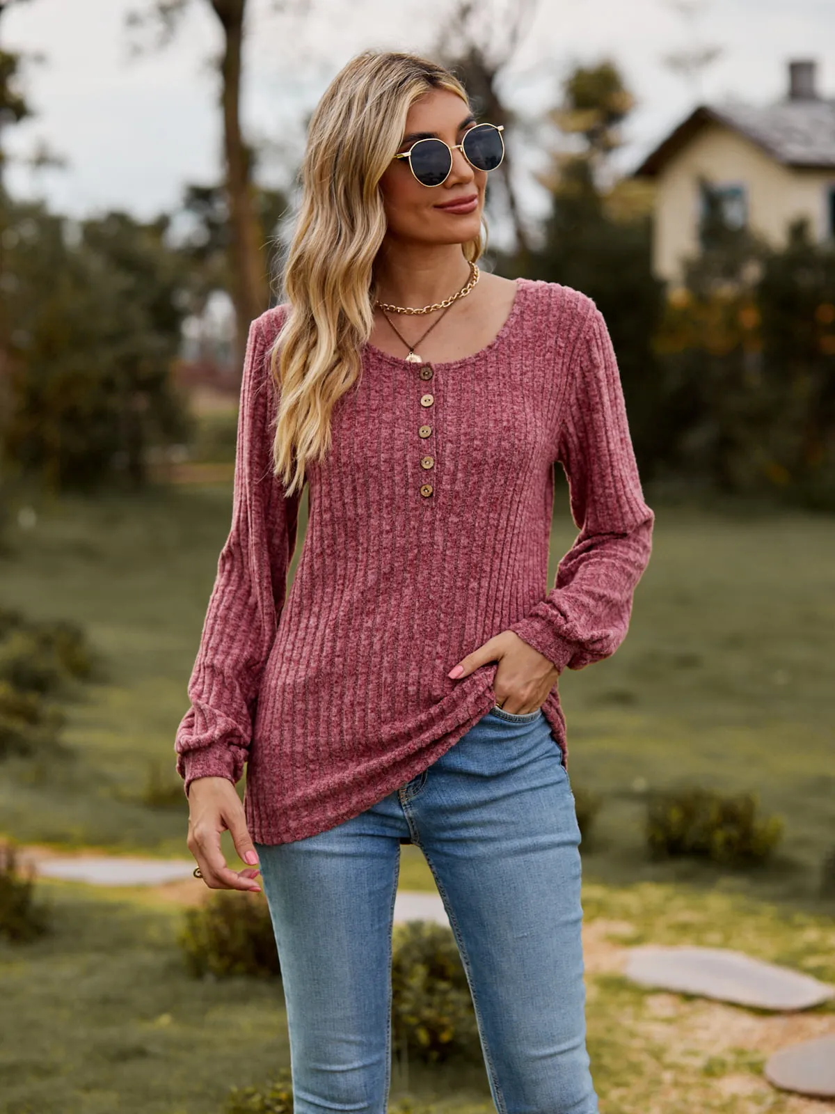 Round Neck Button-Down Long Sleeve Tee