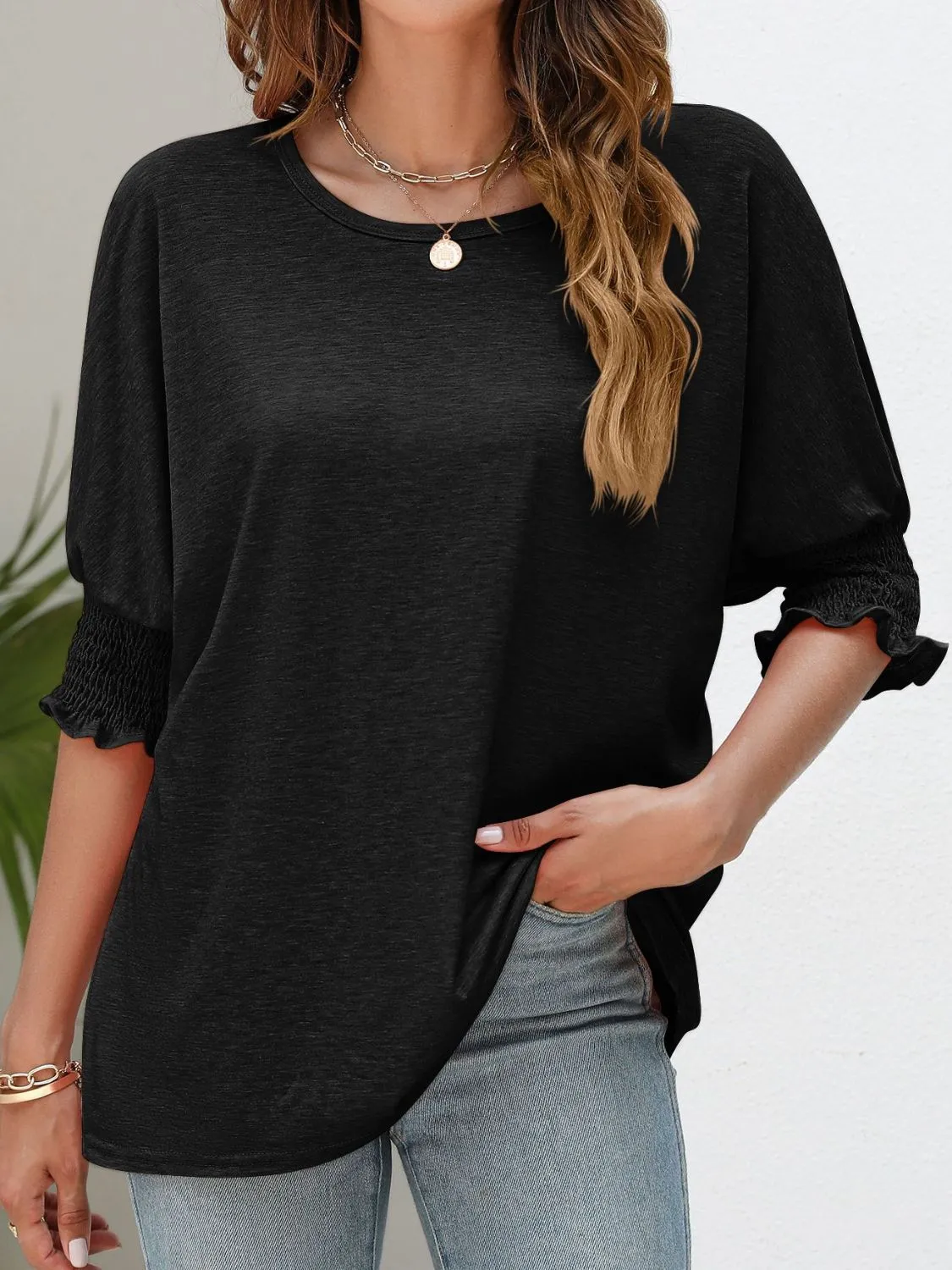 Smocked Flounce Sleeve Round Neck T-Shirt