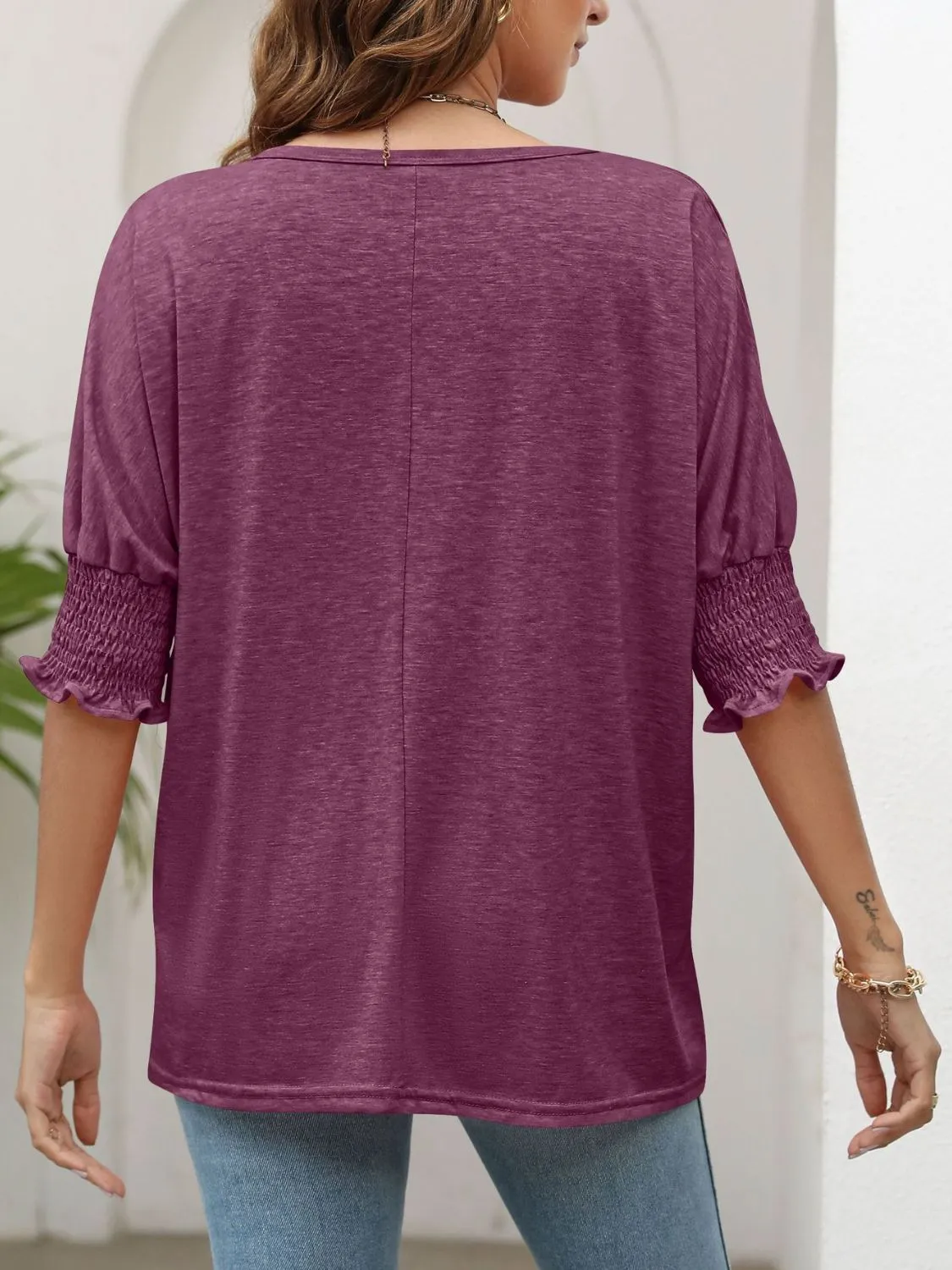 Smocked Flounce Sleeve Round Neck T-Shirt