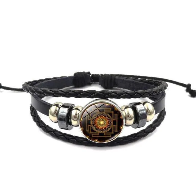 Sri Yantra Multilayer Leather Bracelet Charm Buddhist Lucky Bracelet