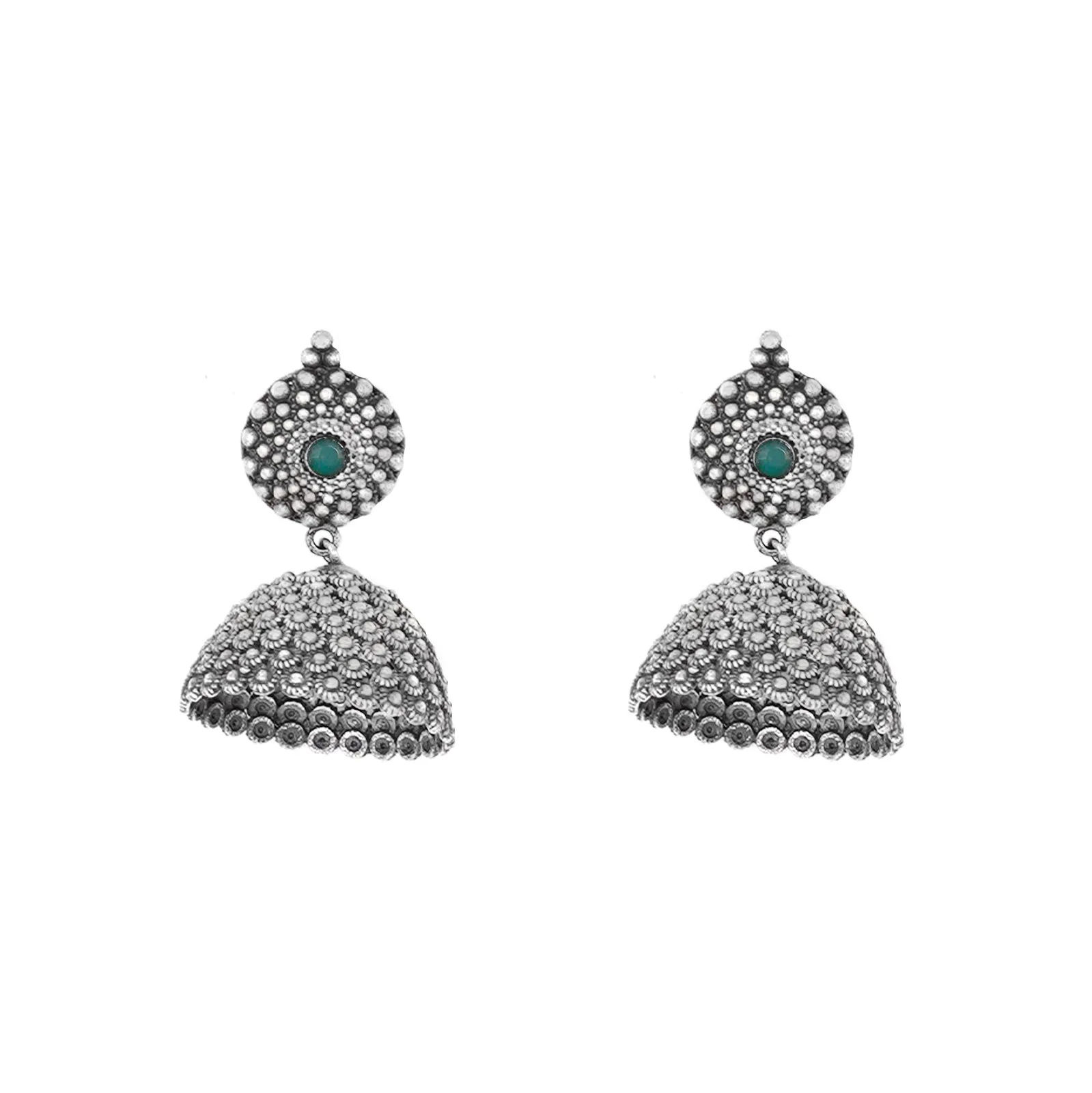 Teejh Dharvi Green Stone Antique Silver Jhumki