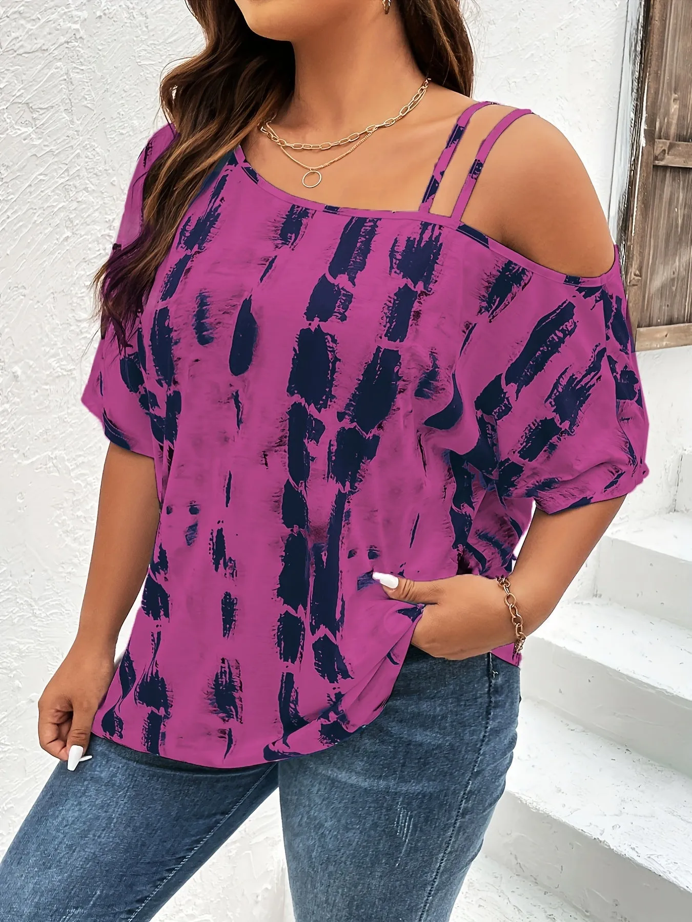 Trendy Plus Size One Shoulder Tie Dye Tshirt