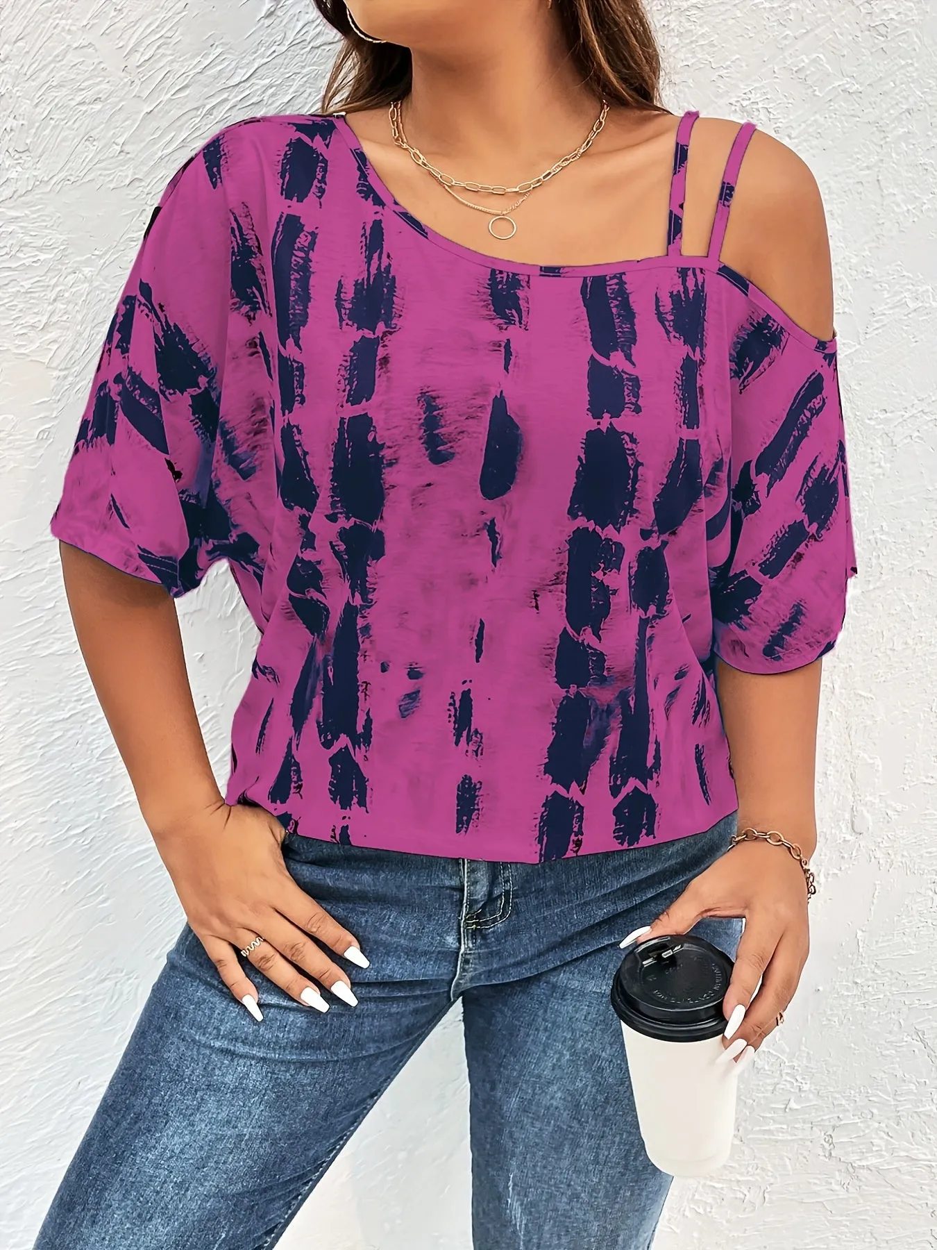 Trendy Plus Size One Shoulder Tie Dye Tshirt