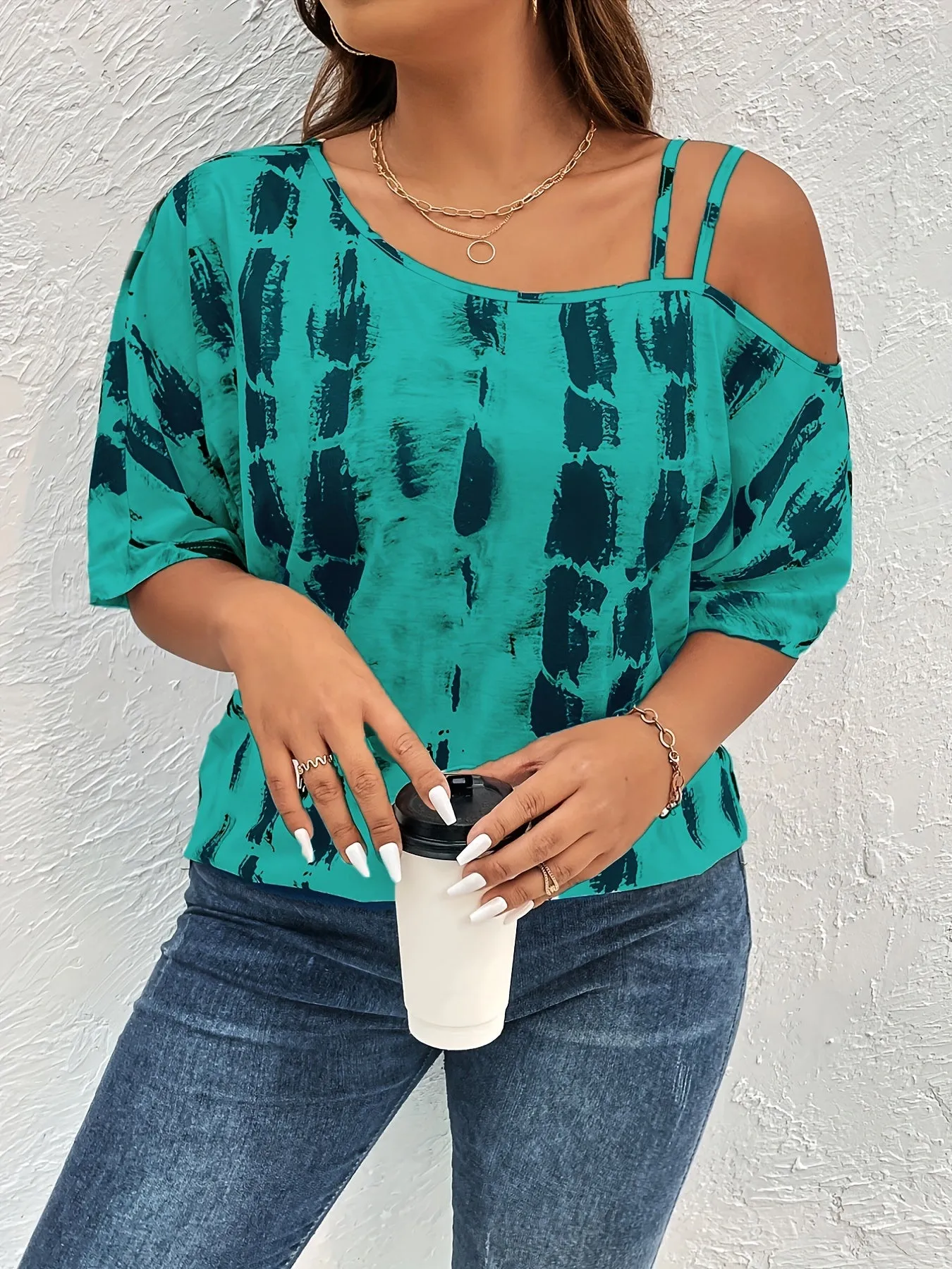 Trendy Plus Size One Shoulder Tie Dye Tshirt