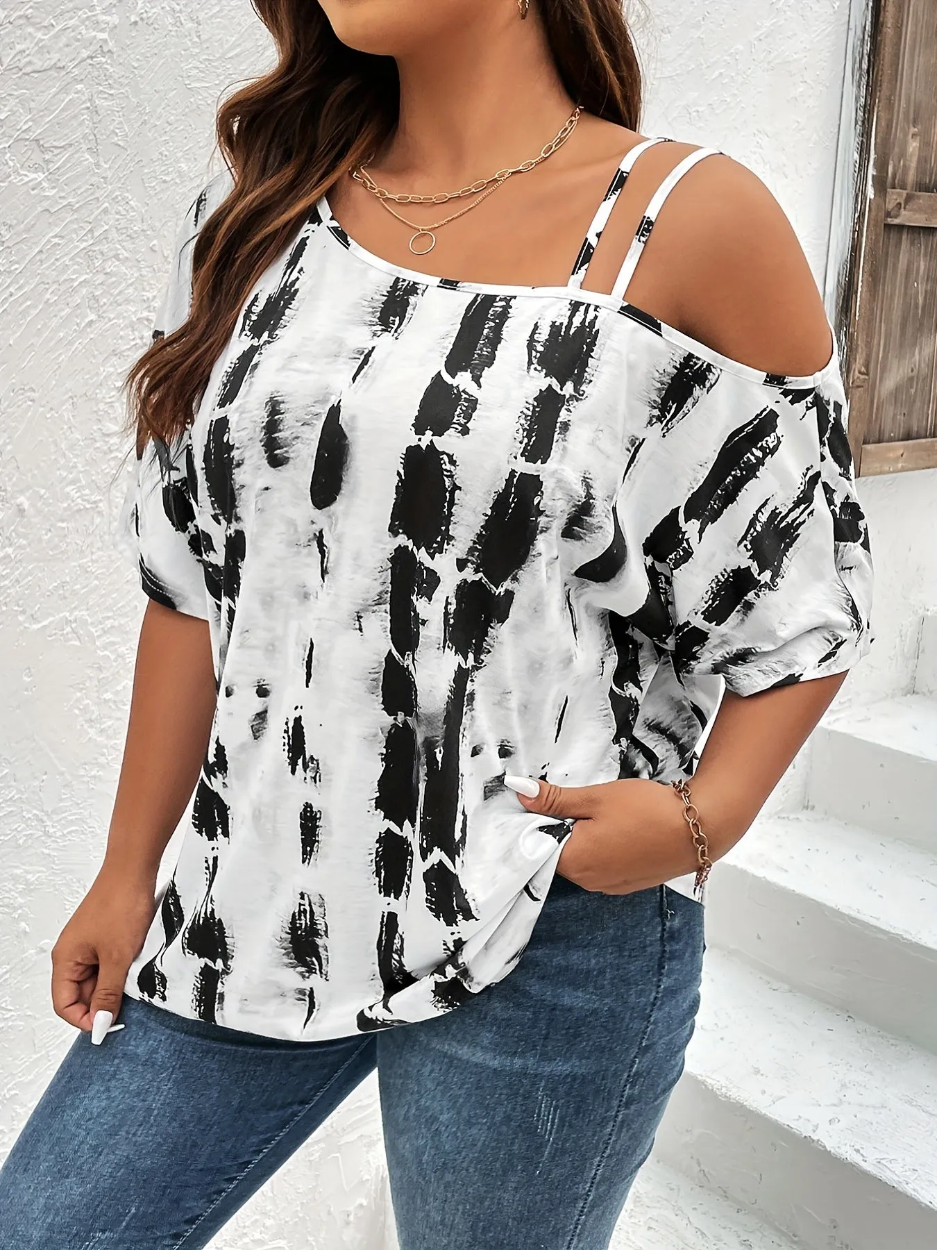 Trendy Plus Size One Shoulder Tie Dye Tshirt