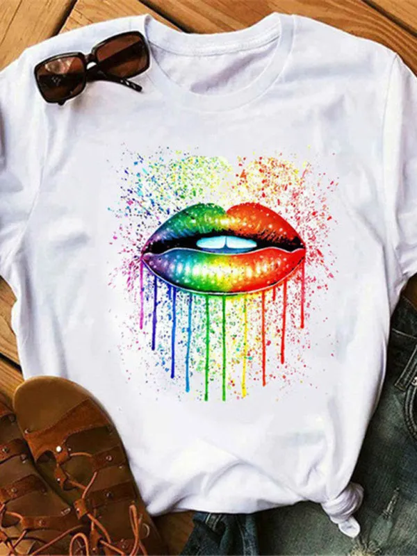 Women's Vibrant Lip Motif Printed Round Neck T-Shirt